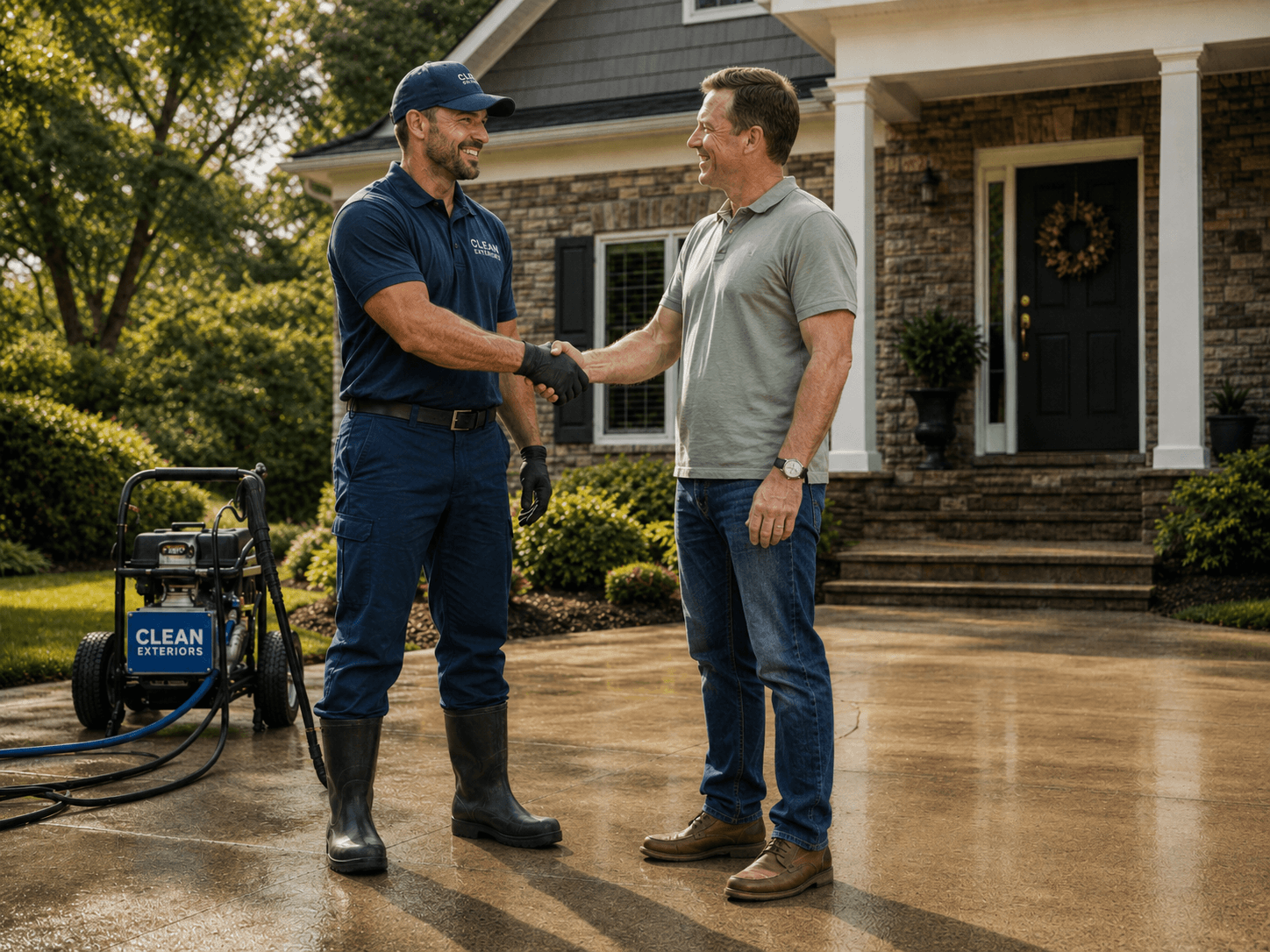 A professional pressure washing a driveway to a clean finish